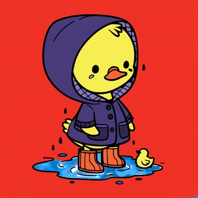 baby duck in a rain coat and boots, in a puddle while it’s raining