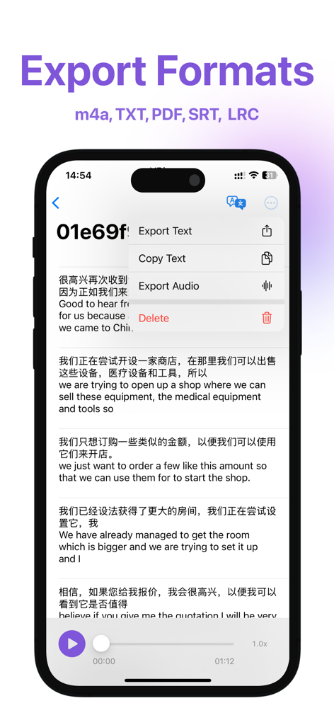 YPlayer app screen showing export options for live captions including TXT, PDF, SRT, and m4a formats