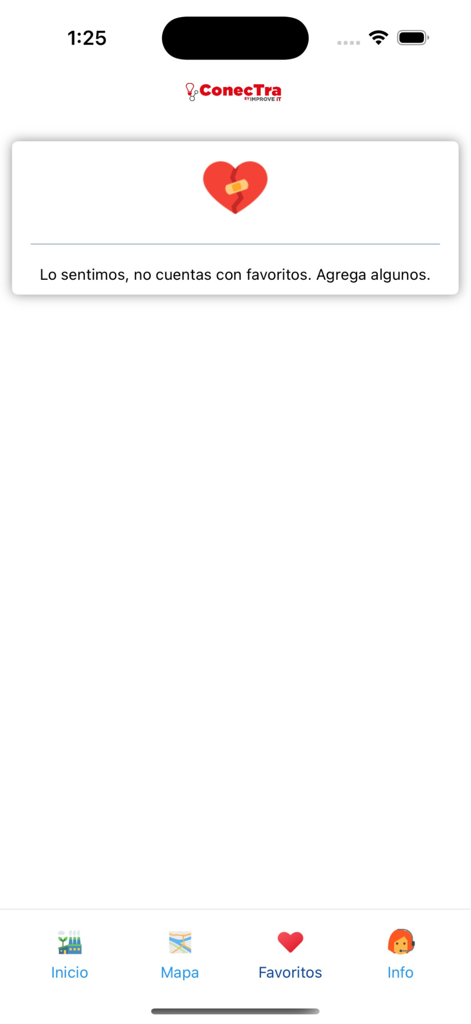 ConecTra - Empty favorites screen in the ConecTra job search app showing a message in Spanish to add favorite job listings