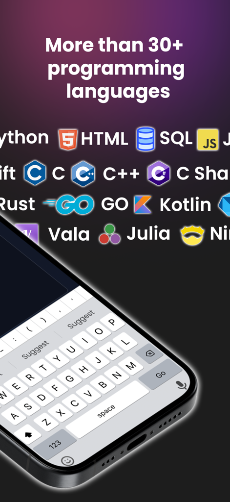 Dev AI – Learn Coding - HTML SQL 및 C++를 포함한 30개 이상의 프로그래밍 언어를 지원하는 Dev AI 앱을 보여주는 그래픽