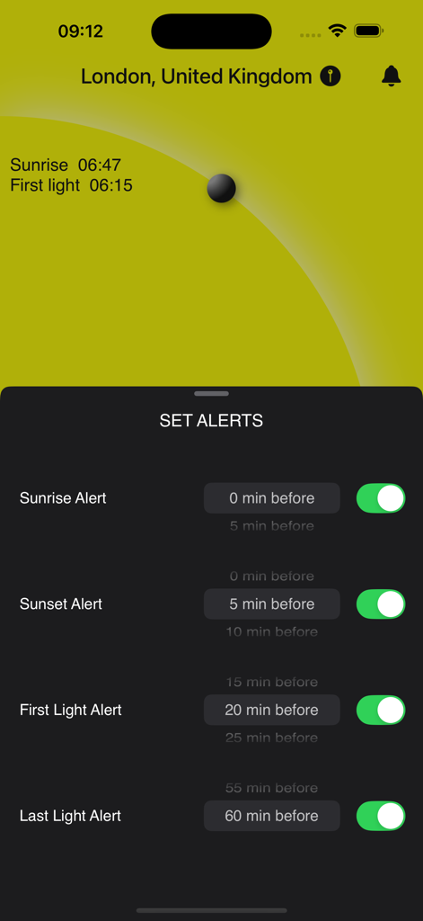 Sunrise Sunset Tracker - Interface of Sunrise Sunset Tracker app showing the set alerts menu for sunrise, sunset, first light, and last light notifications.
