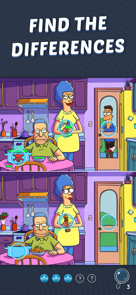 Find & spot the difference - Ein Bildschirm mit 'Finde den Unterschied'-Spiel, der zwei Szenen einer Cartoon-Küche vergleicht, mit hervorgehobenen Unterschieden.