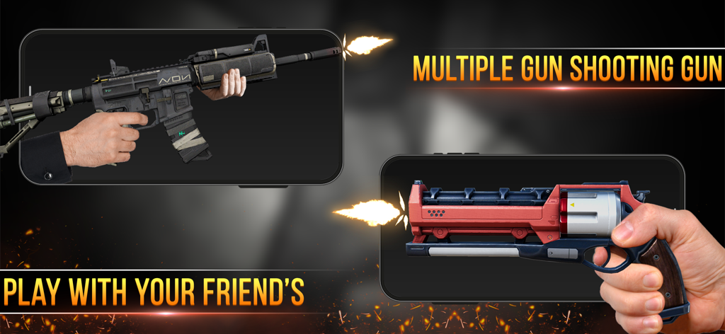 Gun Sound Simulator - Fake Gun - Mobile screen showing realistic and sci-fi guns firing with muzzle flash effects
