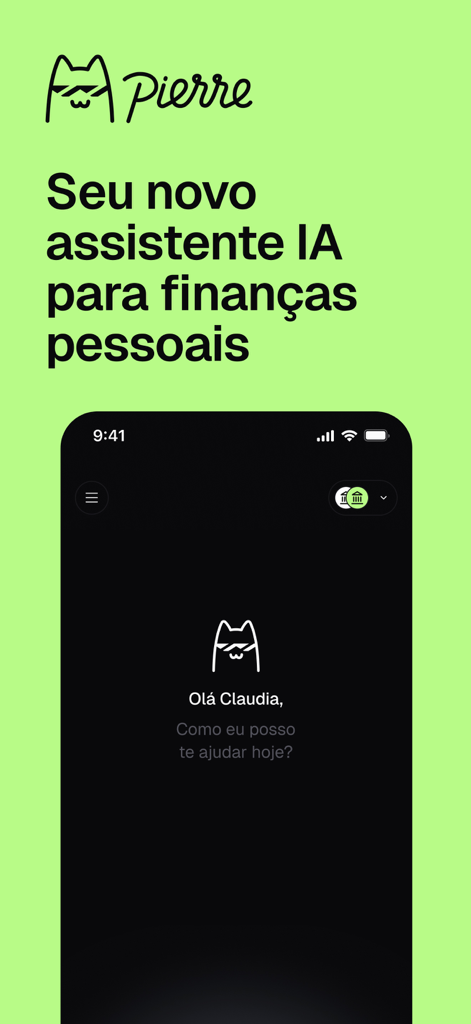 Pierre: Controle de gastos IA - Pantalla de bienvenida de la aplicación de finanzas con IA de Pierre que muestra una interfaz de saludo y una mascota de gato sobre un fondo verde lima.