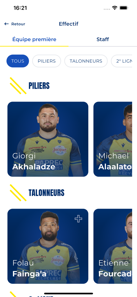 ASM Clermont Auvergne - ASM Clermont Auvergne app displaying the first team rugby players and their positions