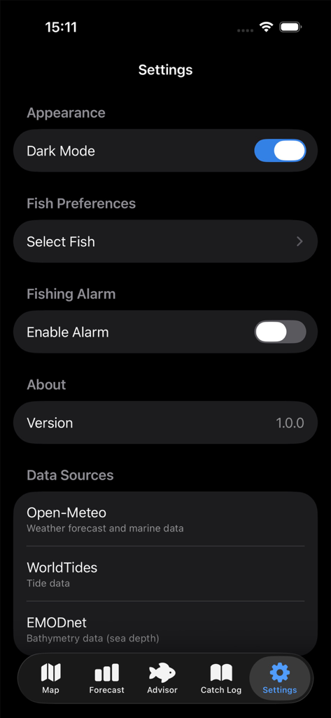 Tisch Fishing - Einstellungen-Bildschirm der Tisch Fishing App, der eine Umschaltfläche für den Dunkelmodus und Fischpräferenzen zeigt