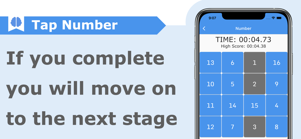 Brain training game/Tap Number - Mobile app screen for Tap Number brain training game showing a 4x4 grid of numbers and a timer