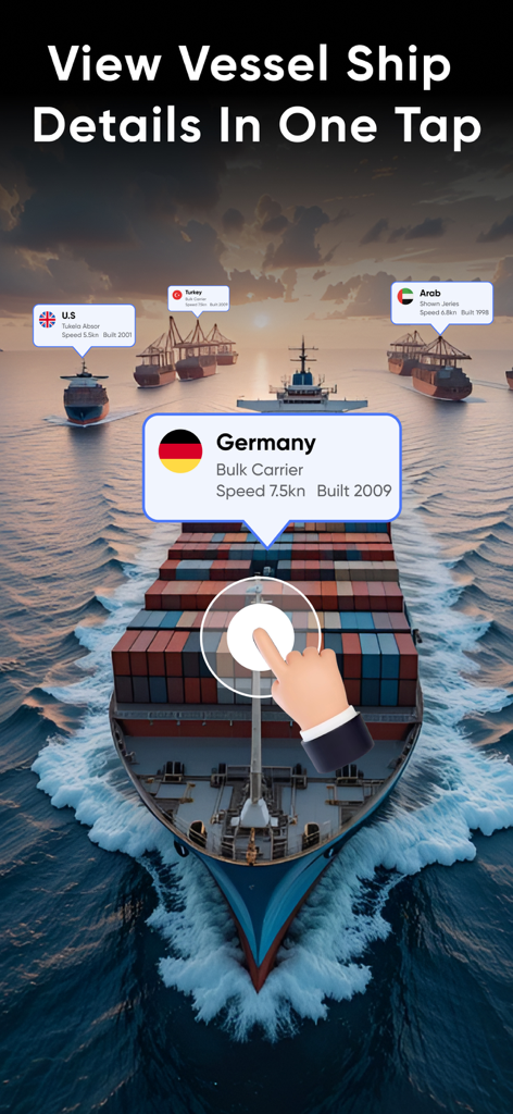 Interfaccia dell'app mobile che mostra dettagli della nave in tempo reale e informazioni sul tracciamento della nave