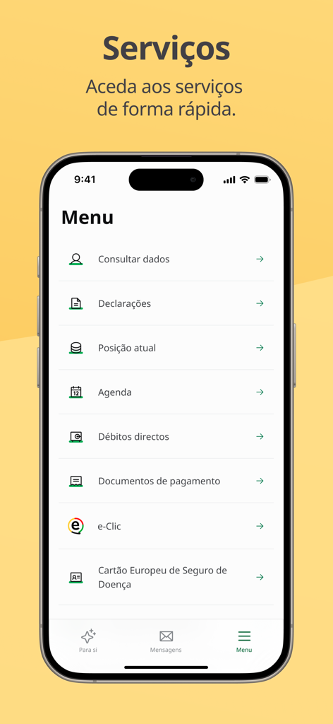 Pantalla de menú de la aplicación de la Seguridad Social Portuguesa que muestra varios servicios administrativos