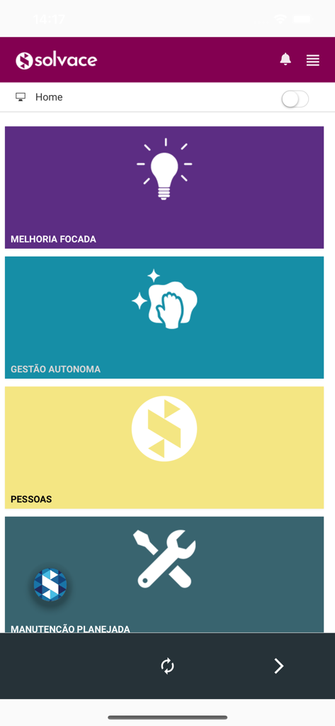 Solvace - Home screen of the Solvace manufacturing app displaying tiles for maintenance and operational excellence.