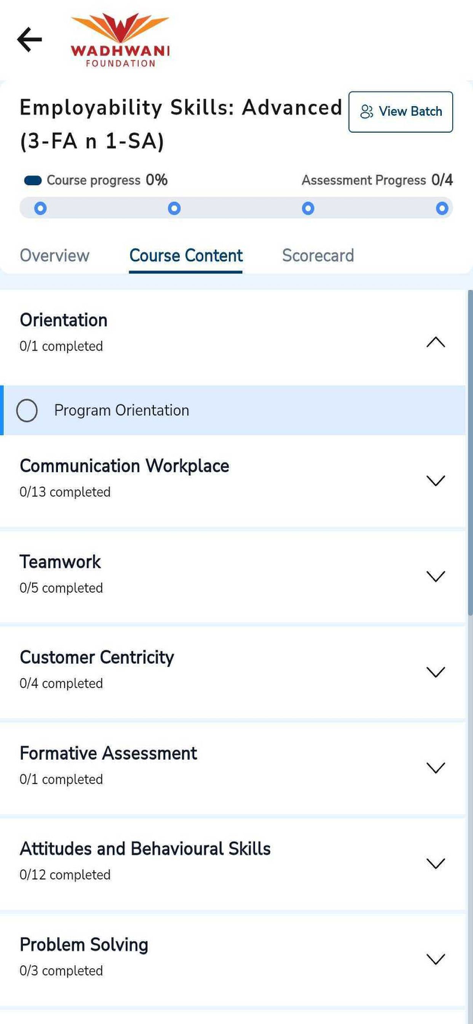 Wadhwani Skilling - チームワークやコミュニケーションなどの雇用能力スキルモジュールが表示されているWadhwani Skillingアプリのコースコンテンツインターフェイス
