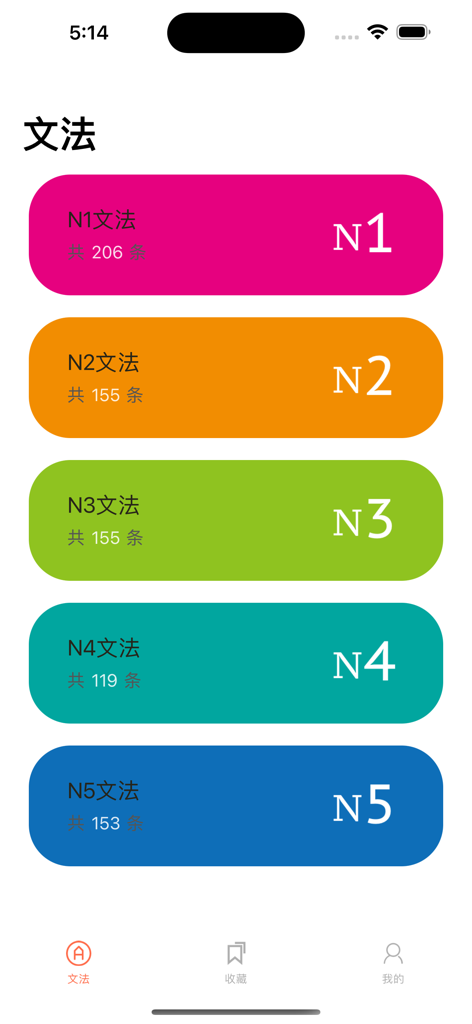 Main menu of the JLPT Grammar Assistant app showing N1 to N5 study levels