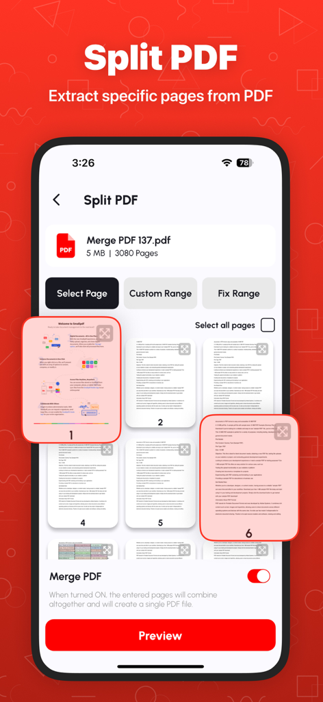 PDFドキュメントを分割し、特定のページを抽出するためのモバイルアプリインターフェイス