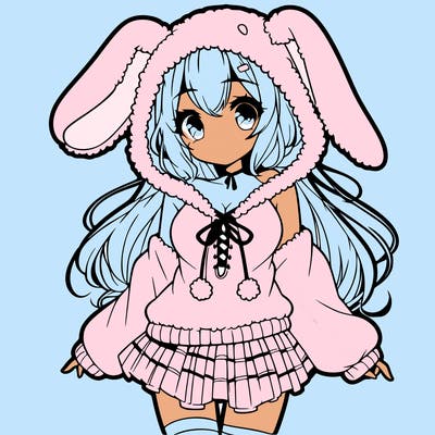 pretty anime girl wearing a fluffy hoodie with bunny ears on the hood and a skirt