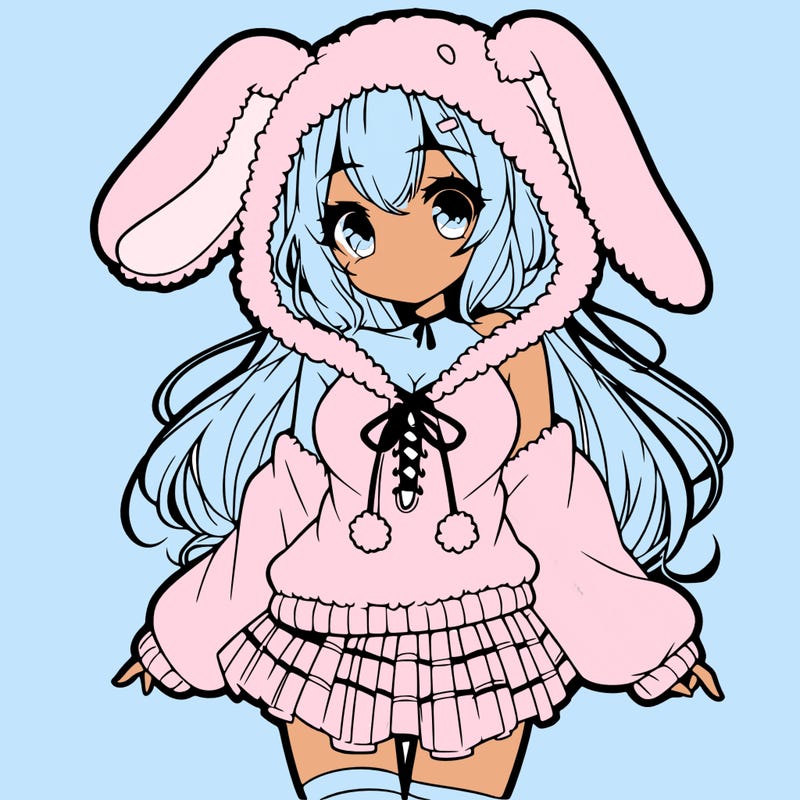 pretty anime girl wearing a fluffy hoodie with bunny ears on the hood and a skirt