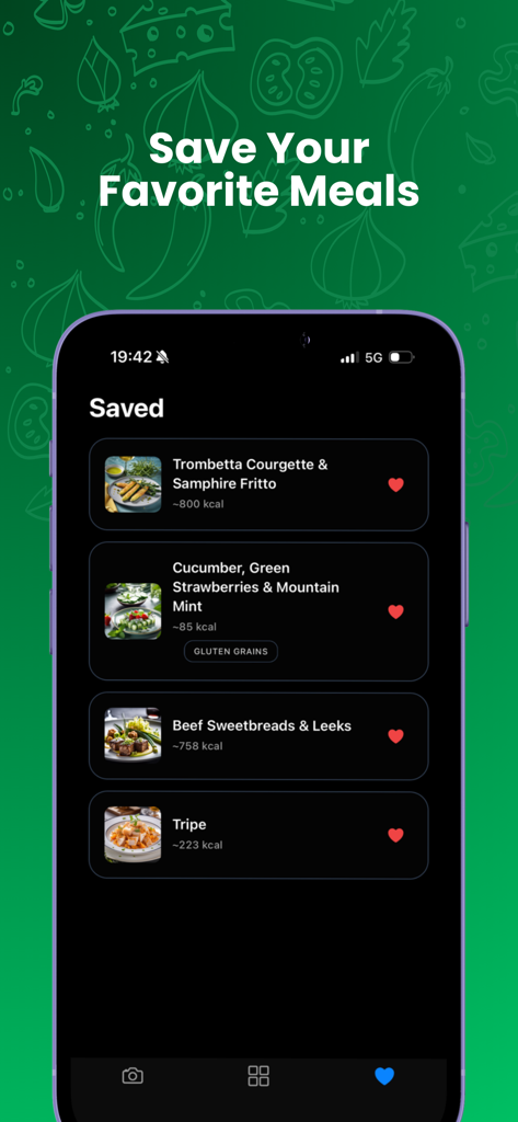 DishPic: Menu Scanner & Macros - Interface of the DishPic app showing a list of saved favorite dishes with calorie counts and AI-generated food images
