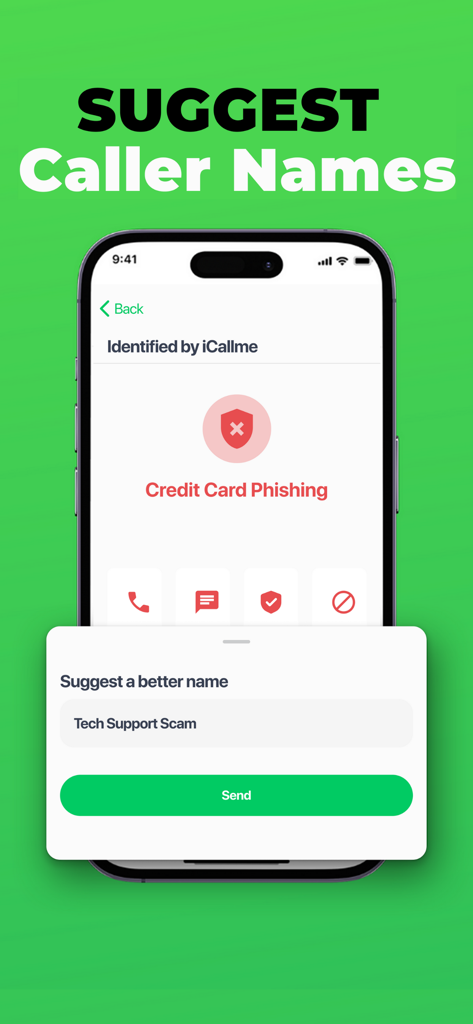 iCallme app interface showing the feature to suggest more accurate names for identified scam calls