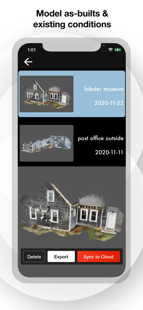 SiteScape: LiDAR Scanner & CAD - Interface do aplicativo SiteScape mostrando uma lista de varreduras 3D de edifícios com opções para exportar e sincronizar com a nuvem