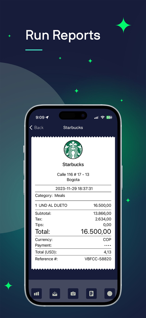 A digital expense report in the Veryfi app showing automated receipt data extraction.