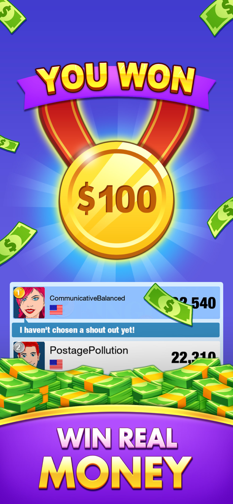 Bingo Win Cash app winner screen showing a 100 dollar prize medal and leaderboard