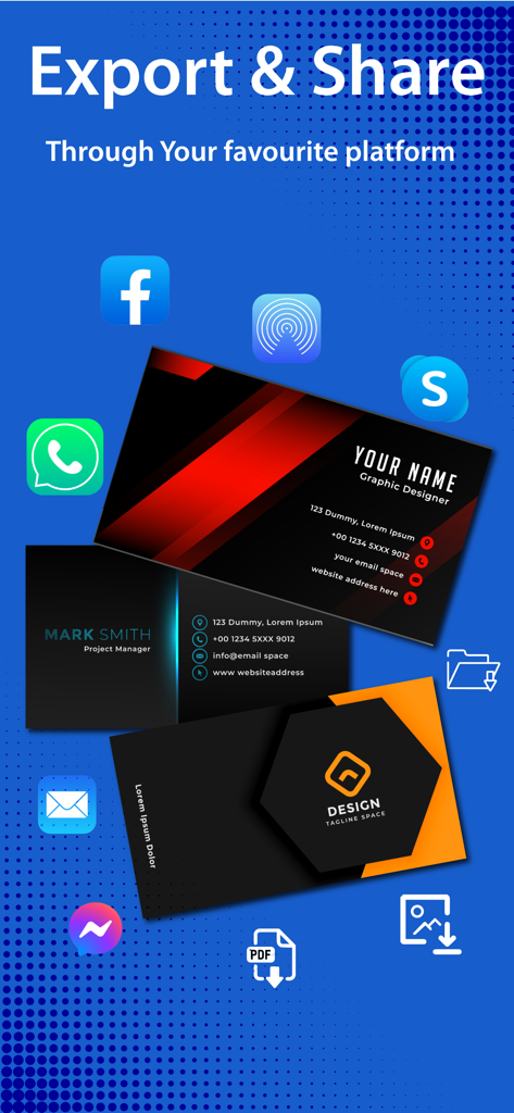 Interface of the PDF Scanner App showing options to export and share scanned business cards to various platforms like WhatsApp, Facebook, and email.