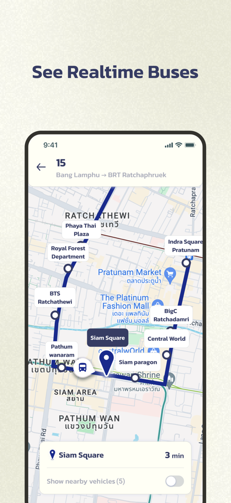 BMTA BUS app interface showing a real-time bus location and route map in Bangkok