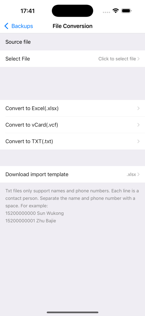 Interface pour convertir des fichiers de contacts en formats Excel, vCard et TXT