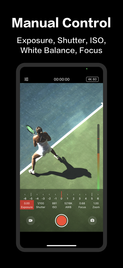 Interface of Deep Movie app showing manual settings for exposure shutter ISO and focus while recording a tennis player