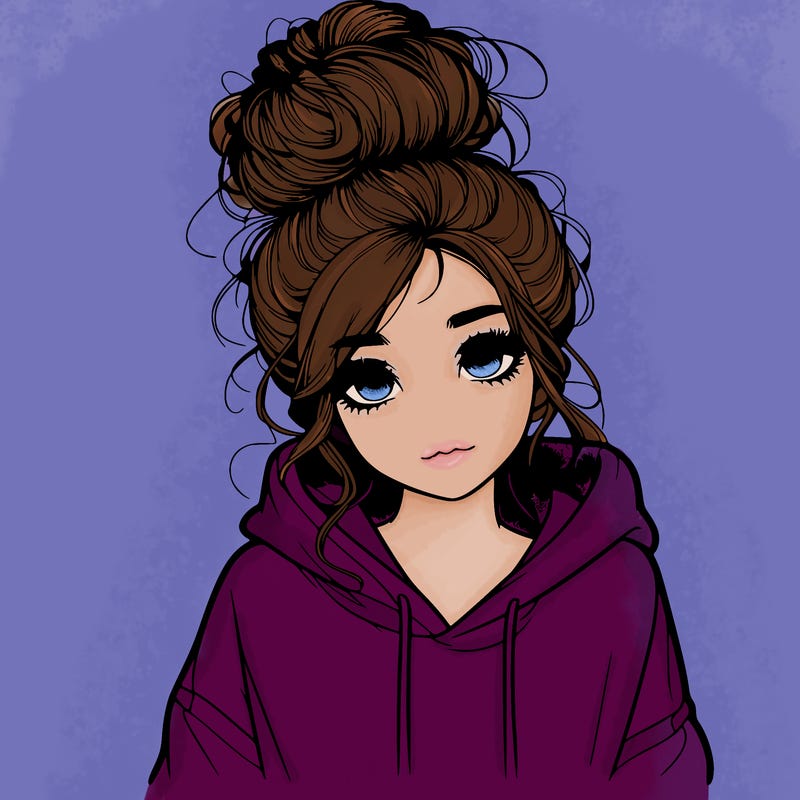 realistic girl with a massy bun and a hoodie