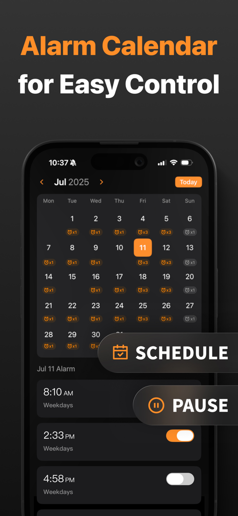 Alarm Clock - 다른 날짜에 대한 알람을 관리하고 예약하기 위한 월별 캘린더 보기를 보여주는 알람 시계 앱의 인터페이스.