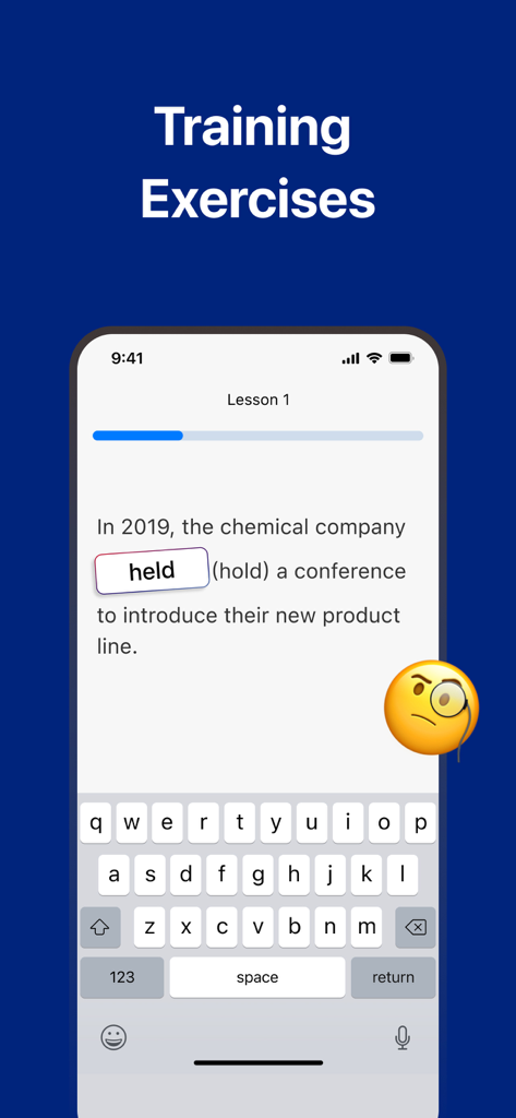 English Verbs: Learn Grammar - Ejercicio de entrenamiento de verbos irregulares en inglés en la pantalla de una aplicación móvil.