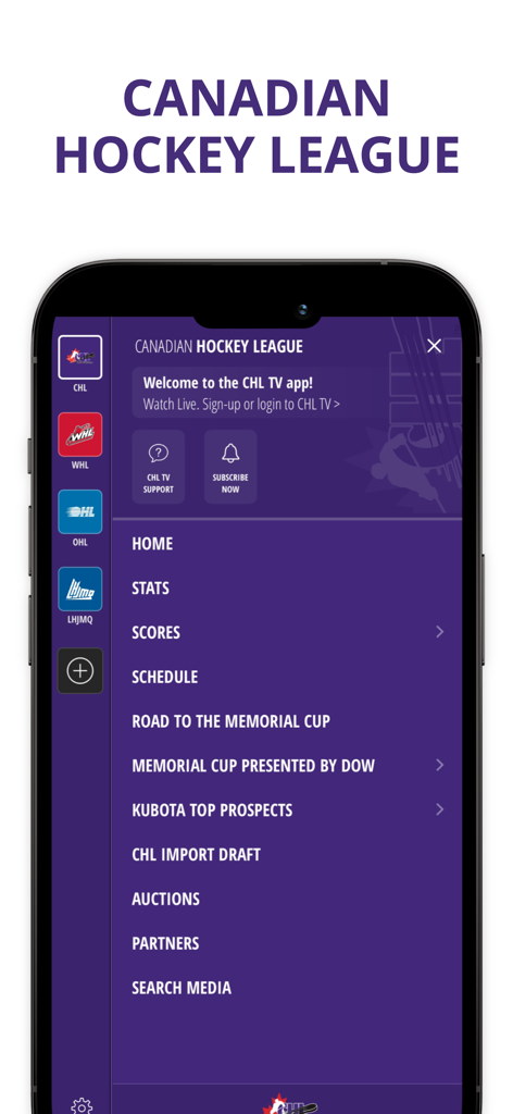 The navigation menu of the CHL mobile app showing sections for stats scores and schedules for junior hockey leagues