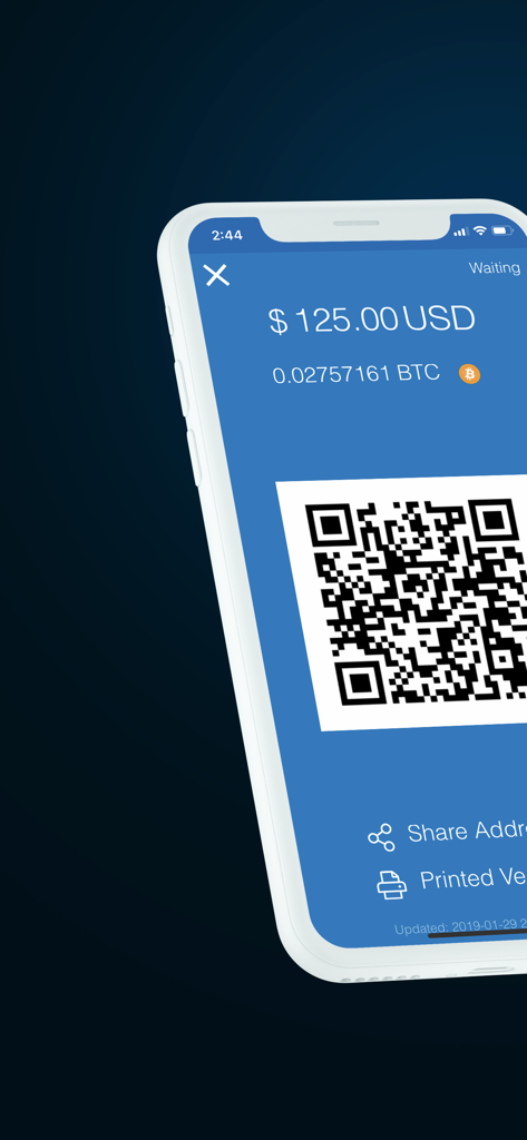 CoinPayments - Crypto Wallet - CoinPayments mobile app screen showing a Bitcoin payment QR code for a transaction worth 125 USD