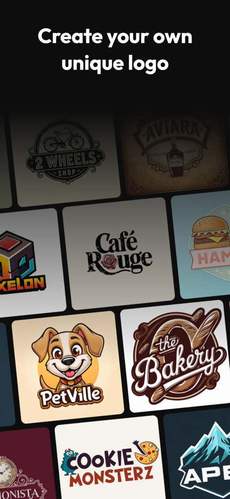 AI Logo Maker: LogoHub - A showcase of diverse AI generated logo designs including vintage shop and gaming icons