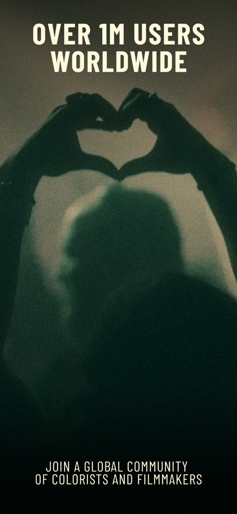 Dehancer Film Emulation - Grainy film style silhouette of hands forming a heart promoting the Dehancer community of filmmakers