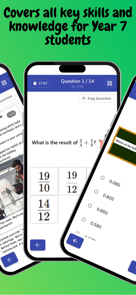 NAPLAN 7 Online Test - Mobile app screens showing math fractions and reading comprehension questions for NAPLAN Year 7 practice