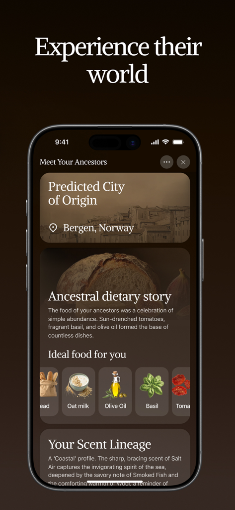 My Heritage & Ancestry: EDNA - EDNAアプリのインターフェース。予測される出身都市と、食品アイコン付きの家系食事物語が表示されています。