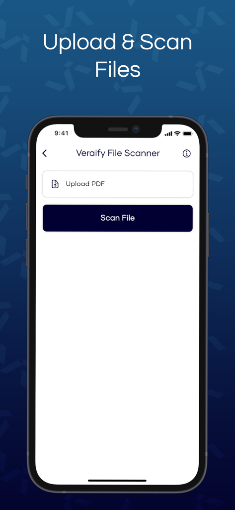 Una pantalla de aplicación móvil para Veraify que muestra una interfaz de escáner de archivos con una opción para cargar un PDF y un botón de escaneo de archivo.