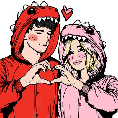 realistic couple wearing matching dinosaur onesies with heart hand gesture