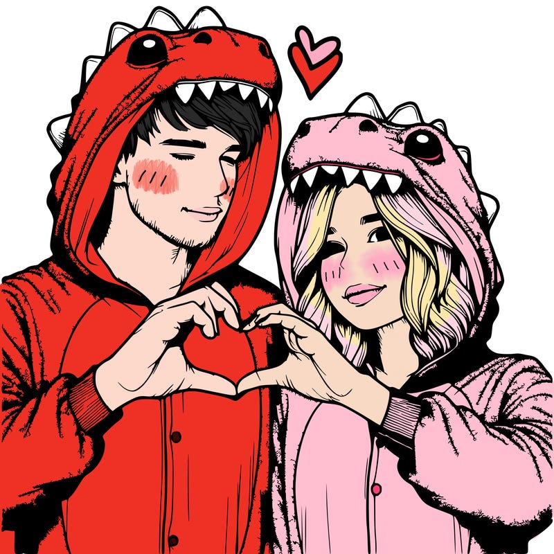 realistic couple wearing matching dinosaur onesies with heart hand gesture