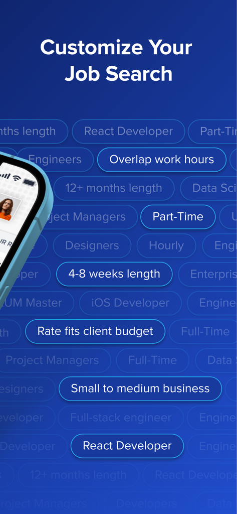 Interface mostrando vários filtros de pesquisa de empregos e opções de personalização no aplicativo Toptal Talent.