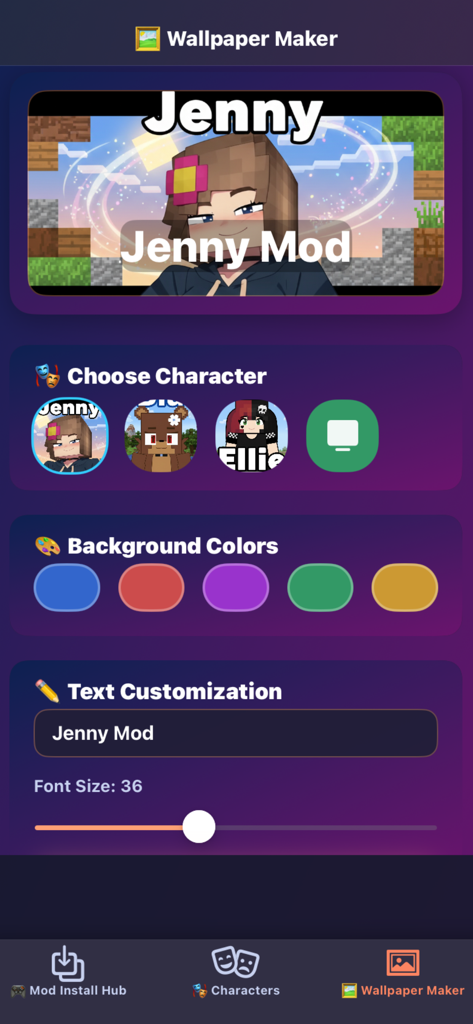 Interface do recurso de criação de papel de parede no aplicativo Jenny Addon MC mostrando seleção de personagens e ferramentas de personalização de texto