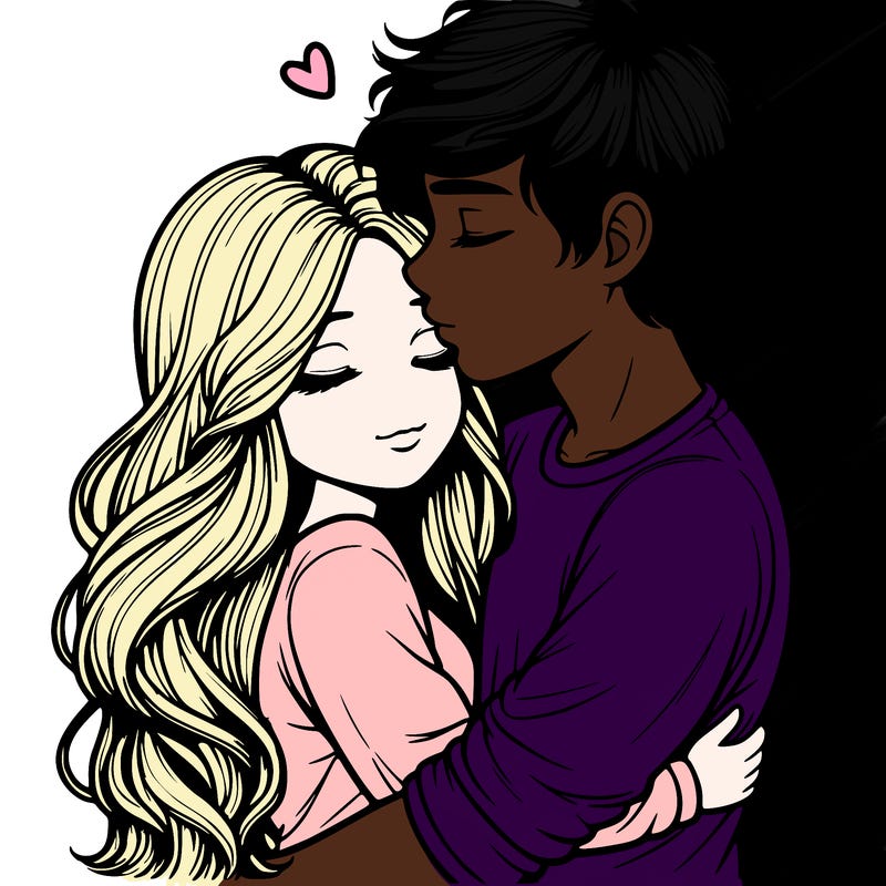 a realistic couple boy and girl hugging and kissing