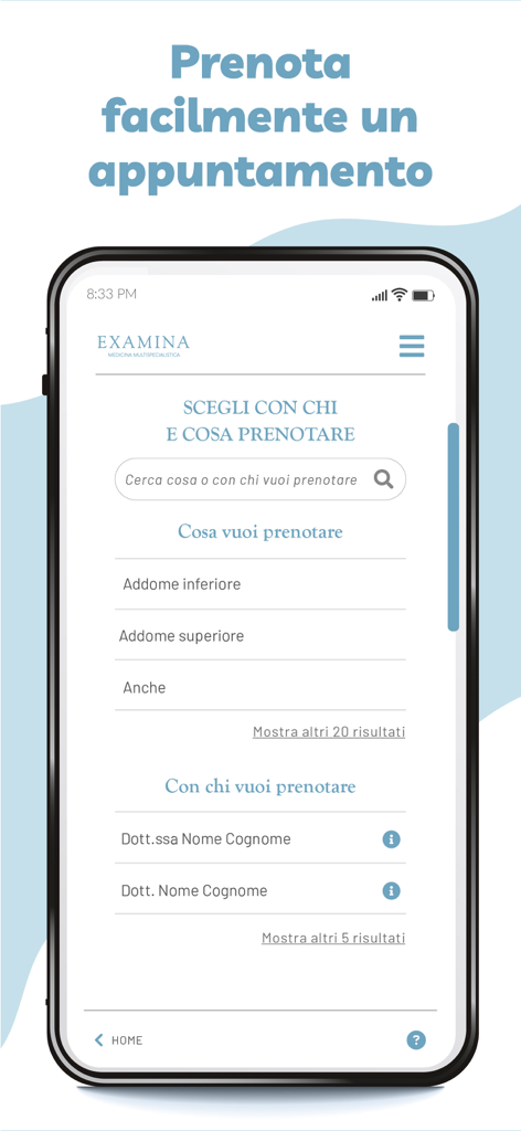 My Examina - Oberfläche der My Examina App, die den Bildschirm zur Buchung von Terminen mit Suchoptionen für Spezialgebiete und Ärzte anzeigt.