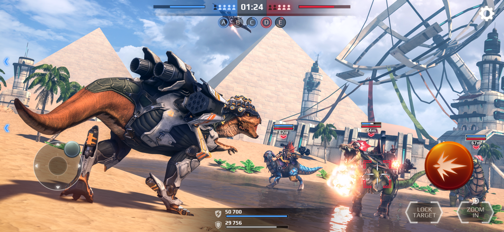 Jurassic Monster World 3D FPS - Mechanized T-Rex battling other dinosaurs in a desert arena with pyramids and futuristic structures