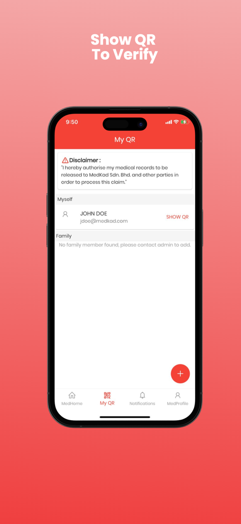 Medkad mobile app screen showing QR verification for medical record authorization