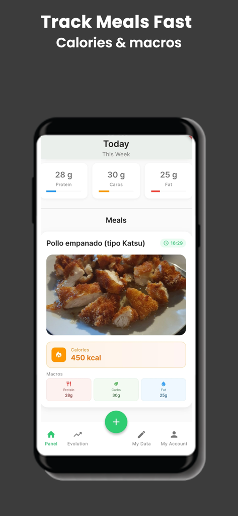 CalMind - AI Calorie Tracker - CalMind app interface showing AI meal tracking with calories and macro nutritional breakdown for a food photo