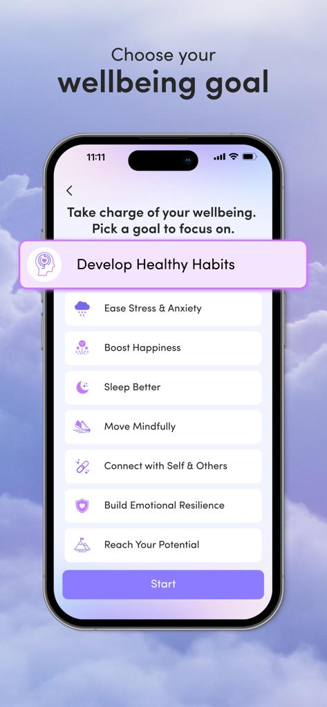 Roundglass Living: Wellbeing - A mobile screen from the Roundglass Living app showing various wellbeing goals to choose from like developing healthy habits and easing stress