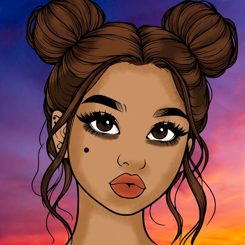 realistic girl with two buns on her hair and lips