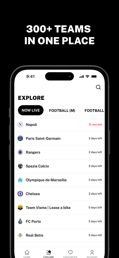 Écran d'exploration de l'application MatchWornShirt montrant une liste d'enchères en direct pour des équipes sportives professionnelles avec le temps restant